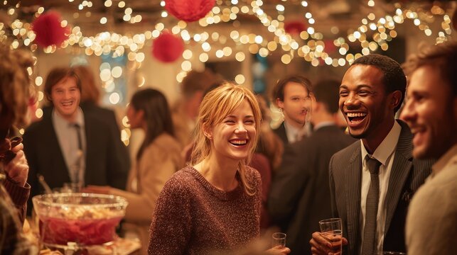 A festive office party scene, with string lights, a punch bowl, and colleagues laughing