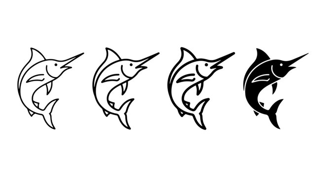 Marlin Icons Set, Ocean Wildlife Vector Graphics, Sport Fishing Symbols, Marine Animal Illustrations