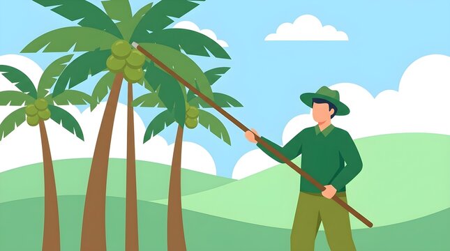 Farmer with Coconut Harvesting Pole Vector Illustration