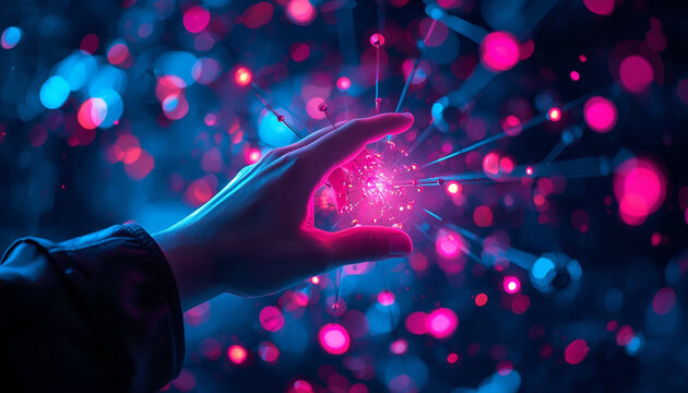 Hand reaching for glowing digital particles in futuristic tech interface. Human interaction with holographic data elements and cyber energy.