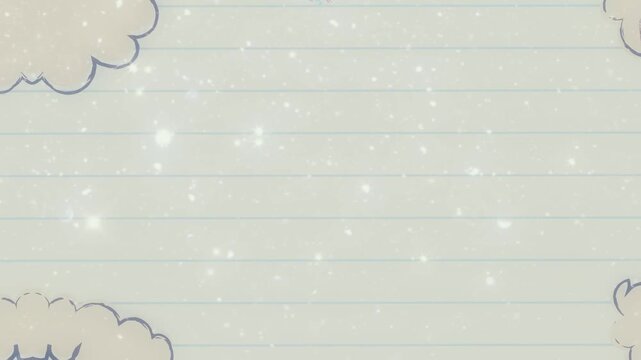 Cute animated lined notebook paper video background loop with clouds and glowing sparkles