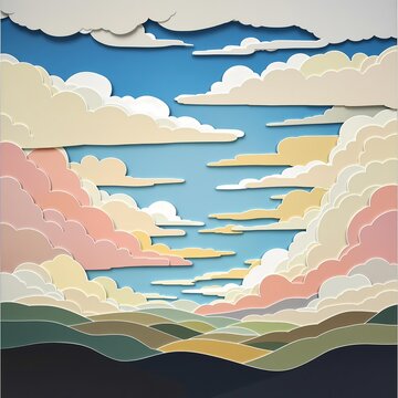 Paper cut landscape with colorful layered clouds and rolling hills under blue sky