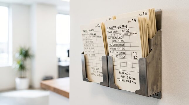 Employee time cards in metal rack on office wall