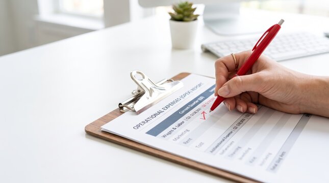 Hand marking wage figures on financial expense report clipboard