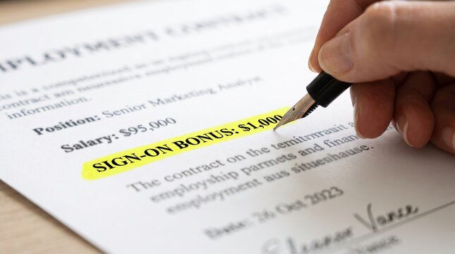 Hand signing employment contract with highlighted sign-on bonus