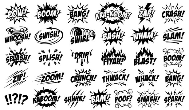 Comic book onomatopoeia sound effects collection in black and white style