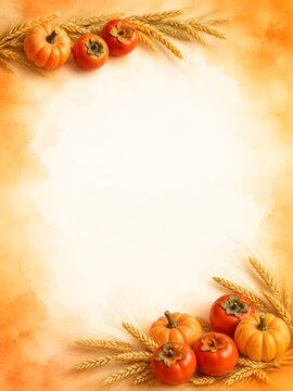 Watercolor style pumpkin harvest frame with wheat, full autumn thanksgiving border