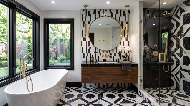 Luxury modern bathroom with freestanding bathtub and black white decor. High-end spa-inspired master ensuite featuring geometric tile patterns and...
