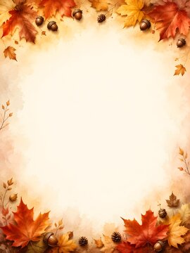 Watercolor style minimal autumn leaf corner frame, vertical fall photo border
