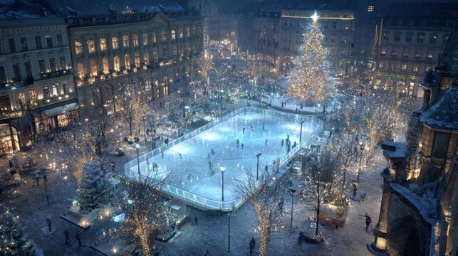 A festive outdoor ice rink in a city square, surrounded by twinkling Christmas lights and a giant tree, 8k, realistic, full ultra HD, high resolution, cinematic photography