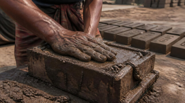 Brick Maker Hand Pressing Clay for Traditional Brick Manufacturing