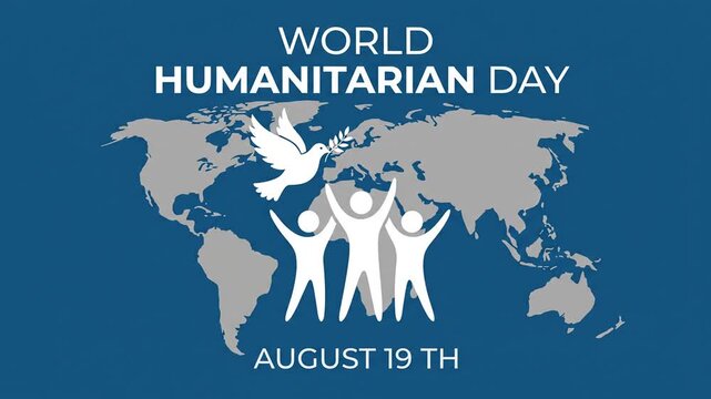 World Humanitarian Day poster with dove and figure on map.