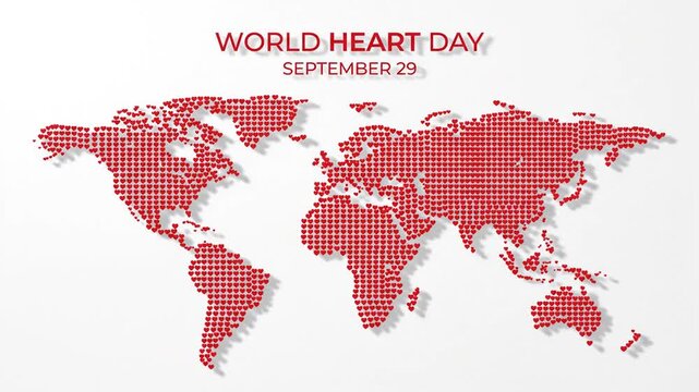 World map made of red dots for World Heart Day on white background.