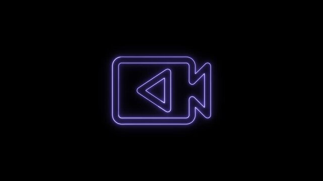 Glowing Neon Previous Video Camera Icon Animation on Black Background