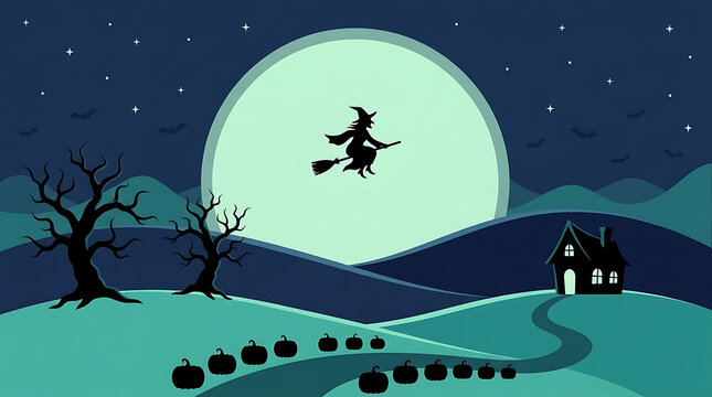 Silhouette of witch flying over haunted house and pumpkins isolated on transparent background