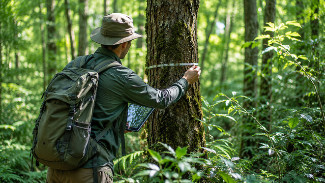 Forester measuring tree diameter with tape and tablet in forest