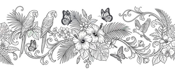 Fototapeta premium Tropical Border with Parrots, Flowers, and Butterflies