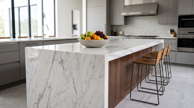 Modern kitchen island with fresh fruit basket on marble countertop. Stylish luxury home interior featuring natural light and wooden bar stools.