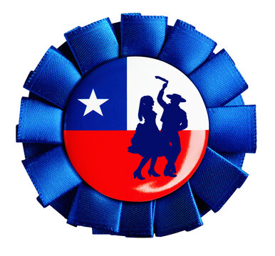 Blue rosette featuring chilean flag and traditional cueca dancers, symbolizing patriotism and culture