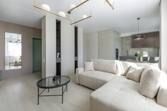 Modern Open-Plan Apartment Interior with Living Room, Kitchen, and Hallway View