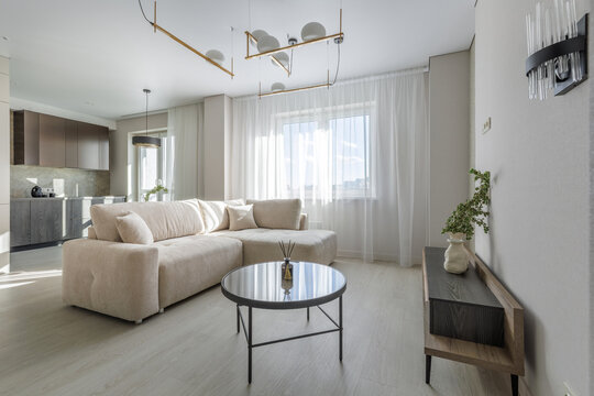 Modern Open-Plan Living Room and Kitchen Interior Overview