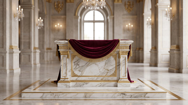 Luxury marble altar with golden accents in grand hall. Elegant ceremonial podium featuring ornate sculpted details and polished stone.