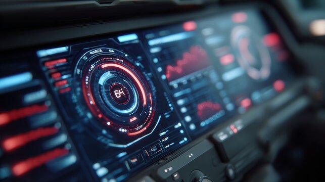 Display screen shows data and graphics in a high-tech vehicle cockpit with controls and readouts visible