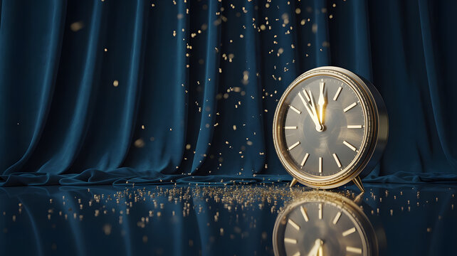 Midnight Elegance: A vintage clock face reflects on a polished surface, marking the cusp of a new year, as shimmering gold confetti drifts down against a backdrop of luxurious teal velvet curtains.