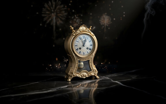 Midnight Serenity: An antique golden mantel clock stands sentinel against a dramatic backdrop of fireworks and dark ambiance, marking the transition to a new year.