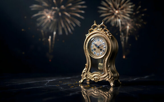 Midnight Countdown: An antique, ornate golden clock stands as a symbol of time, poised for the New Year's Eve countdown, with a backdrop of celebratory fireworks painting the night sky.