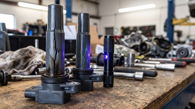 Damaged car ignition coils on workshop workbench showing visible hairline cracks. Diagnostic inspection using ultraviolet flashlight for non destructive testing in automotive repair garage