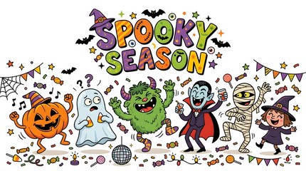 Obraz premium Spooky season halloween with dancing cartoon characters, including a pumpkin, ghost, monster, vampire, mummy, and witch