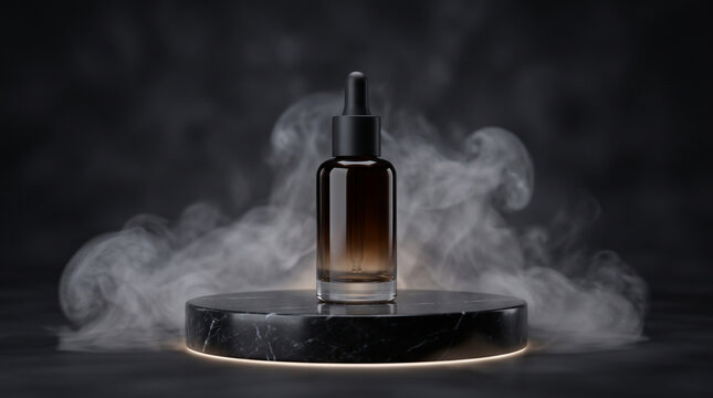 Luxury perfume bottle on black podium with smoke. Elegant fragrance display for high-end cosmetic branding and advertising.