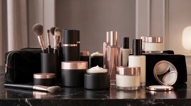 Makeup and beauty products on black countertop