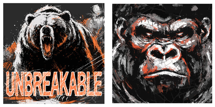 Roaring Bear Unbreakable Slogan Gorilla Face Close Up Vector T-Shirt Graphic Illustration Set