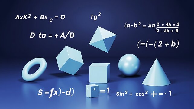 Abstract 3D Mathematical Visualization featuring Geometric Shapes and Complex Algebra Formulas on a Dark Blue Background