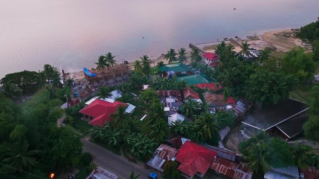 Sunset Drone Over Coastal Village, Alegria Cebu, Philippines, Seaside