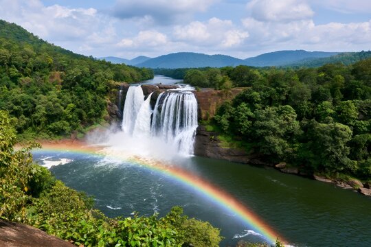Athirappilly Waterfalls in Kerala, India with a vibrant rainbow