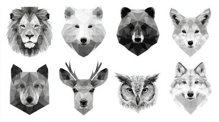 Fototapeta premium Monochrome geometric animal faces collection set with geometric polygonal wildlife monochrome collection