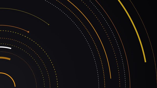 Dark background with rotating gold and silver data rings. This seamless abstract fintech motion graphic loop is perfect for futuristic technology and corporate business video designs.