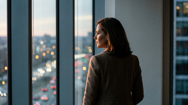 Pensive businesswoman in executive attire looking out a large office window at a bustling city street with car lights at dusk.
