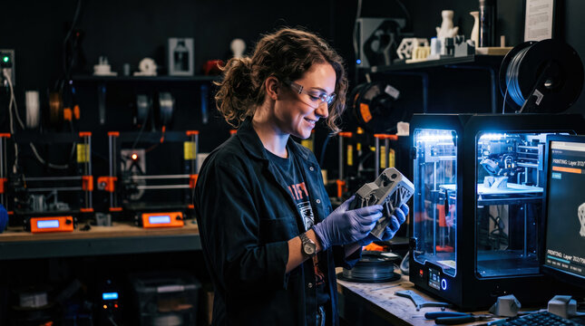 Focused female engineer wearing safety glasses and gloves, examining a freshly 3D printed prototype with a satisfied smile in a modern workshop.