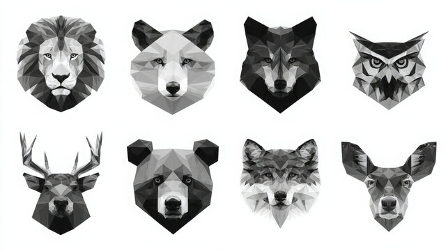 Minimalist geometric polygonal animal heads set with geometric polygonal wildlife monochrome collection
