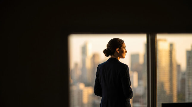 Reflective businesswoman with hair in a bun gazing at a vibrant city skyline from a high-rise office window during golden hour.
