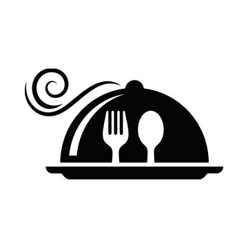 Restaurant logo vector icon featuring a food cloche platter with fork, spoon, and hot steam swirl silhouette on white background.