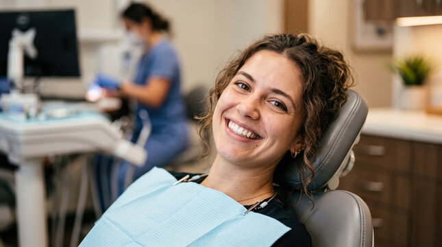 Happy young woman with a radiant smile sitting comfortably in a dental chair, looking confidently at the camera during a routine check-up in a modern clinic.