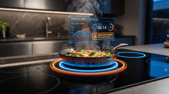Futuristic Smart Kitchen with Holographic Digital Interface for Precision Cooking and Temperature Control