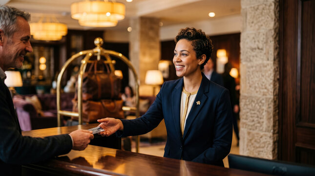 Friendly hotel receptionist welcoming a guest at the front desk of a luxury boutique hotel lobby