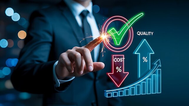 Businessman touching holographic screen with quality check, cost reduction and success growth charts