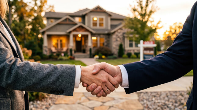 Real estate agent and client shaking hands in front of a beautiful suburban house at sunset
